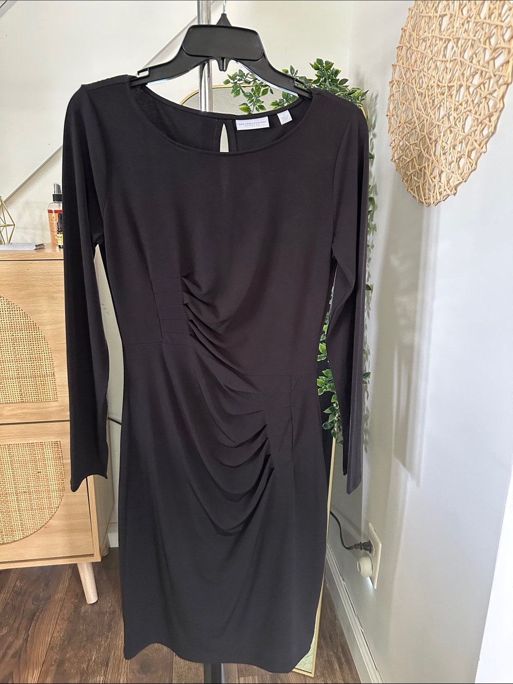 New York & Company Black Long-Sleeve Ruched Front Dress